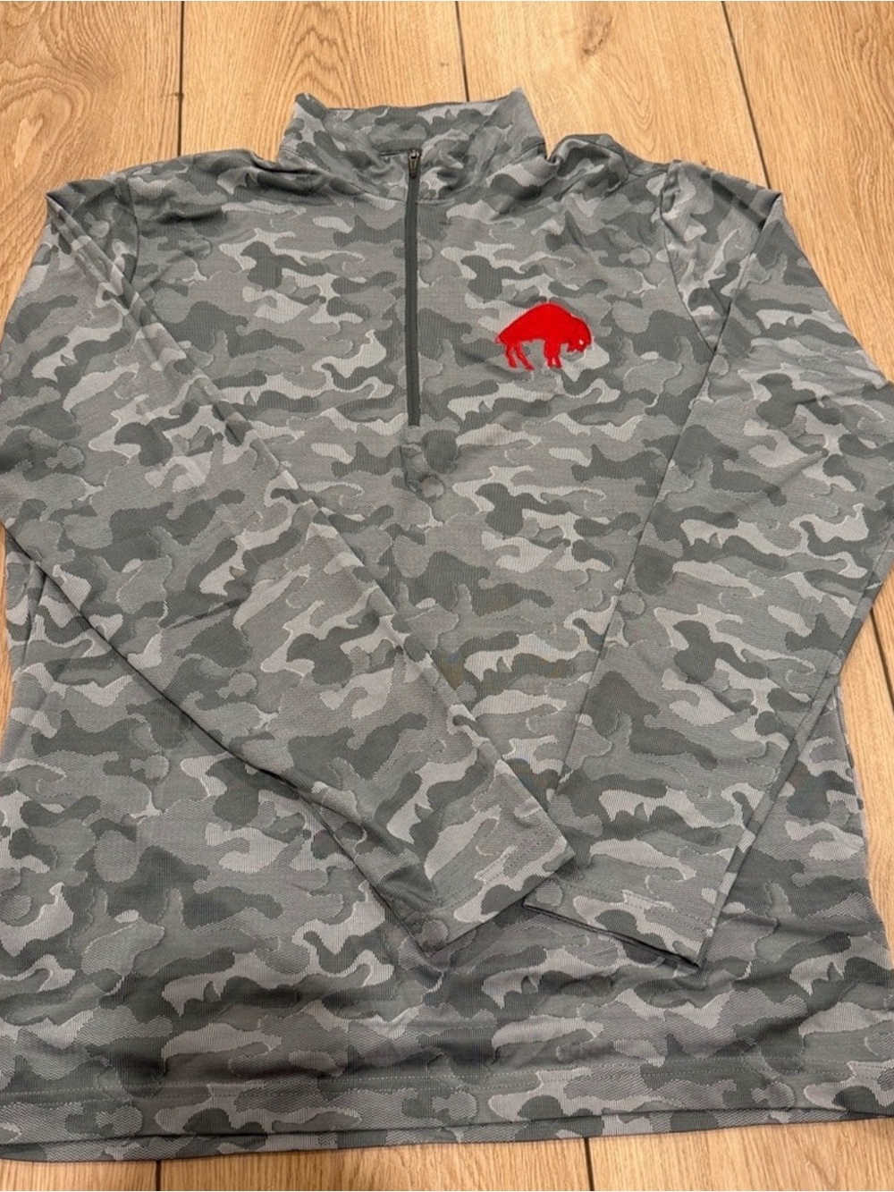 Antigua Gray Camouflage Quarter-Zip Pullover with Red Buffalo Bills Logo
